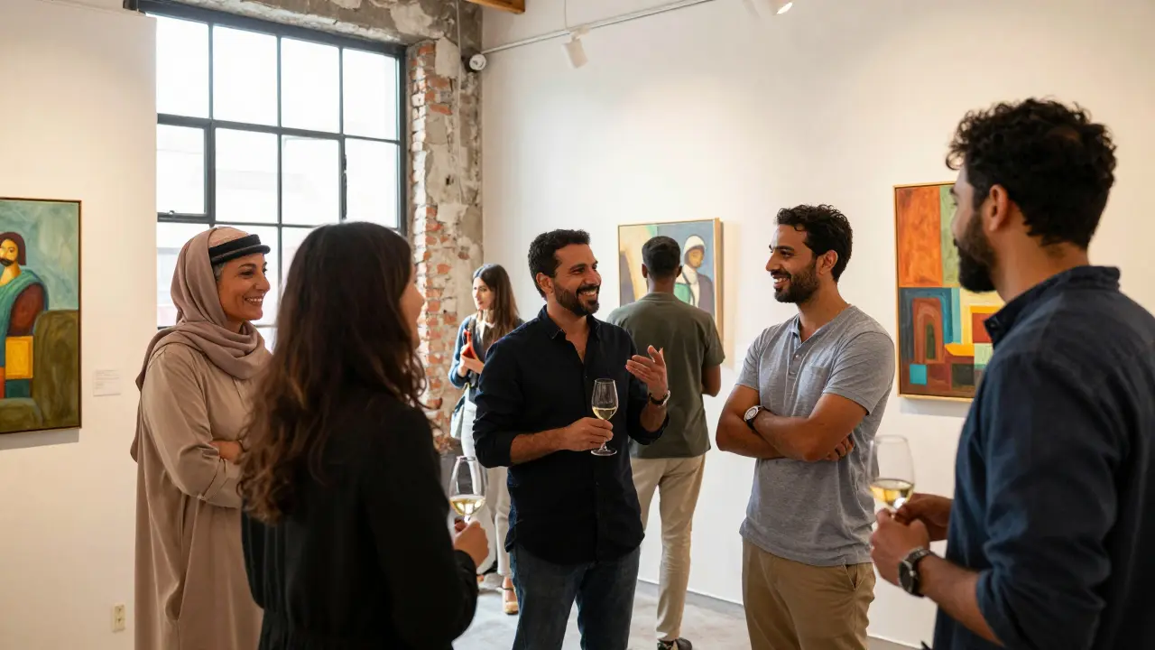Expats and locals socializing at an art gallery event in Dubai, enjoying wine and conversation under warm lights.