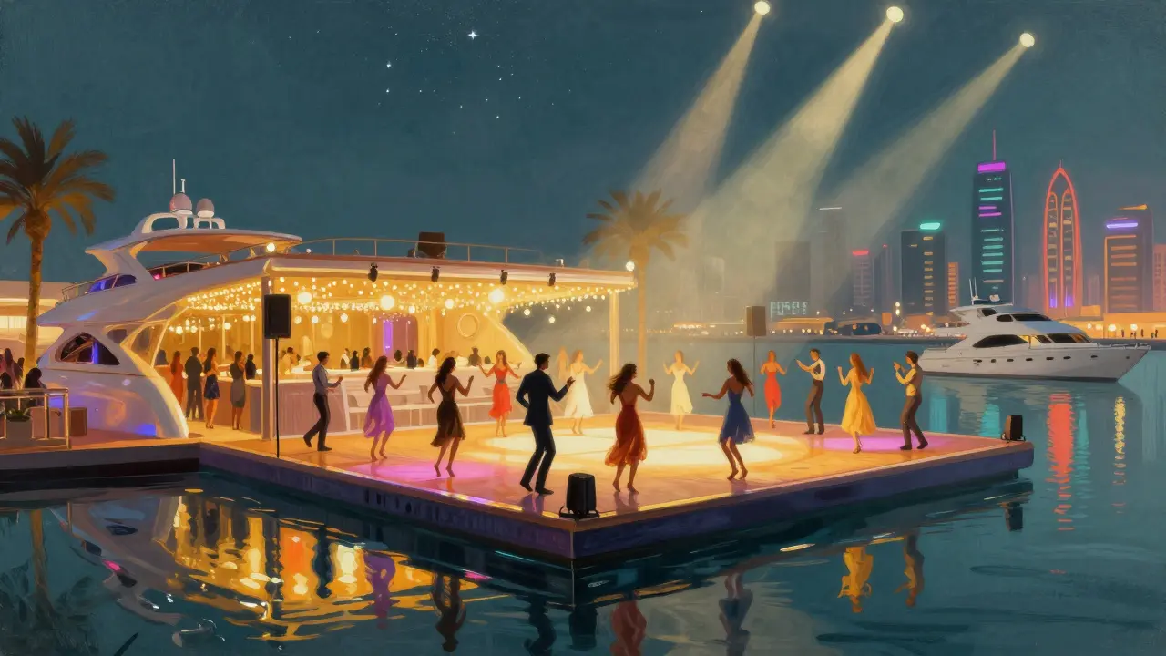 Floating nightclub on Dubai Marina with yachts and dancers under starry sky.