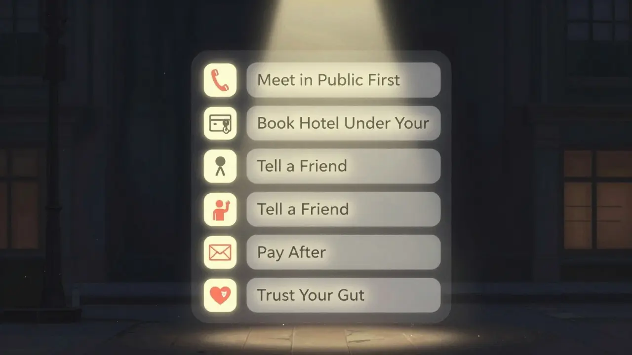 Floating safety checklist with symbolic icons against a dark city backdrop.