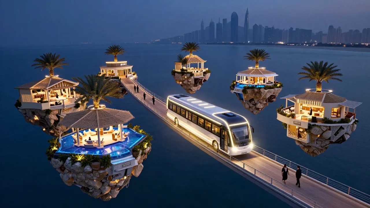 Glowing shuttle bus connecting six beach clubs along The Palm Jumeirah under a starry twilight sky.