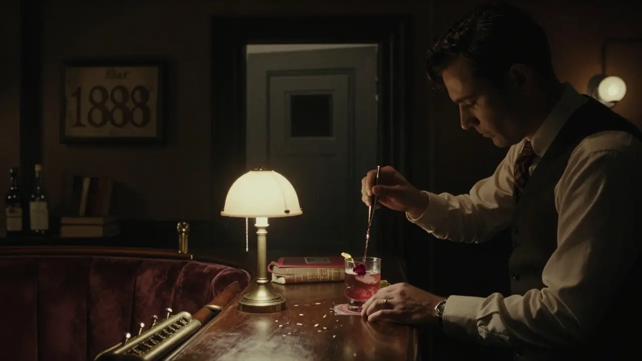 Hidden 1920s-style speakeasy with dim lighting and bartender mixing a signature cocktail.