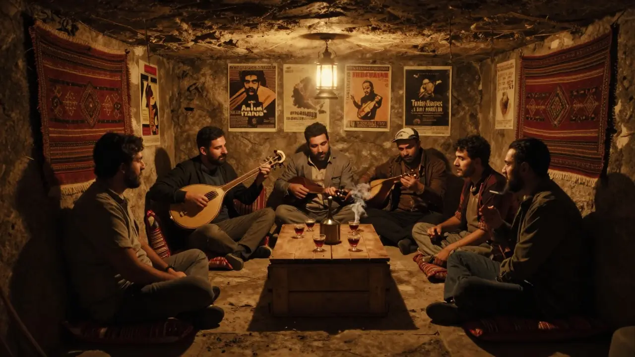 Hidden cellar in Cihangir with musicians playing traditional instruments under soft lantern light.