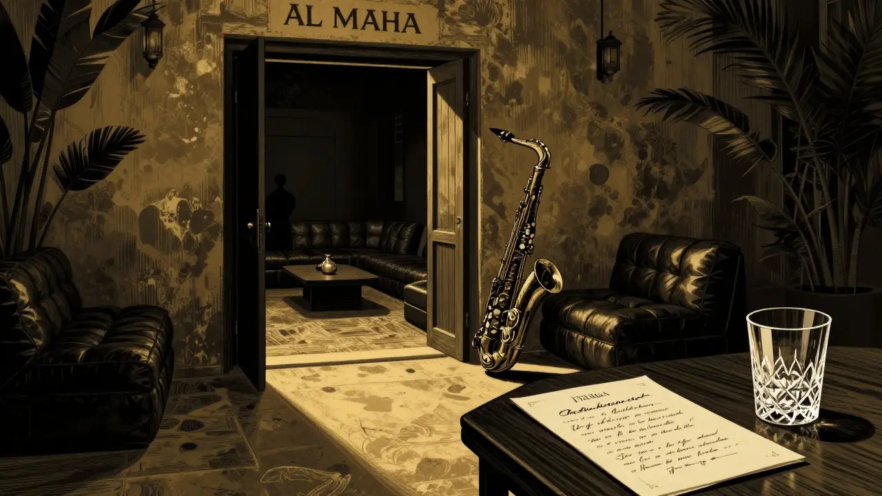 Hidden jazz lounge with dim lighting, leather seating, and a handwritten menu, conveying secret exclusivity.