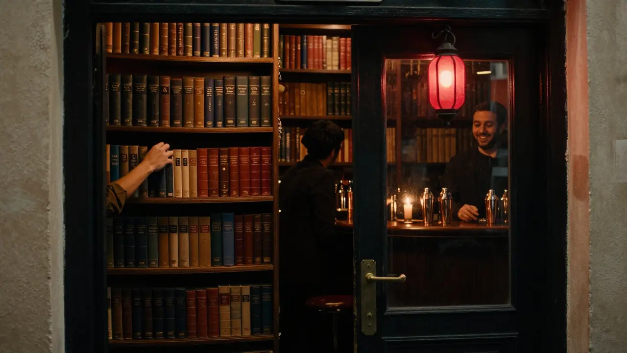 Hidden library bar behind a red lantern, shelves of books and a patron reaching for a cocktail recipe.