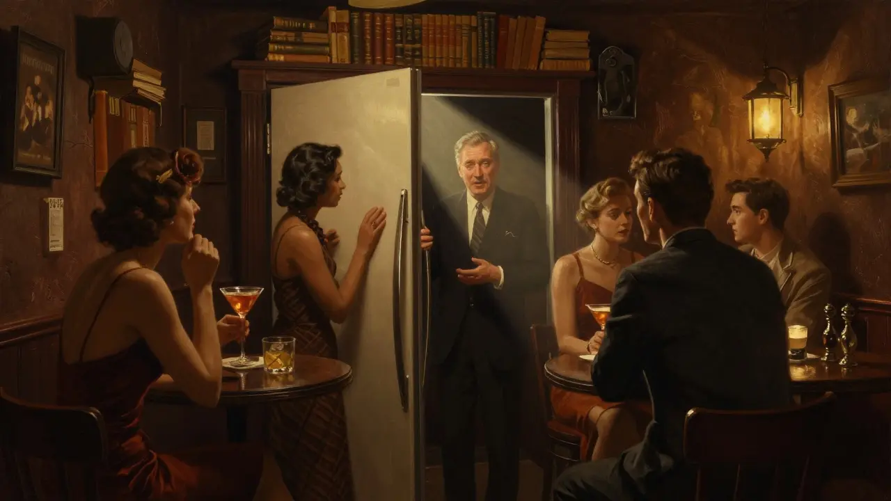 Hidden speakeasy bar behind a fridge door, patrons chatting in dim, cinematic lighting.