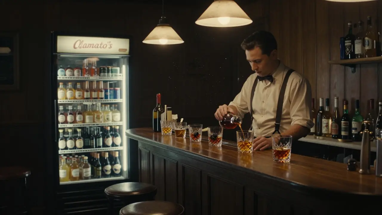 Hidden speakeasy interior with dim lighting and a bartender preparing a unique cocktail.