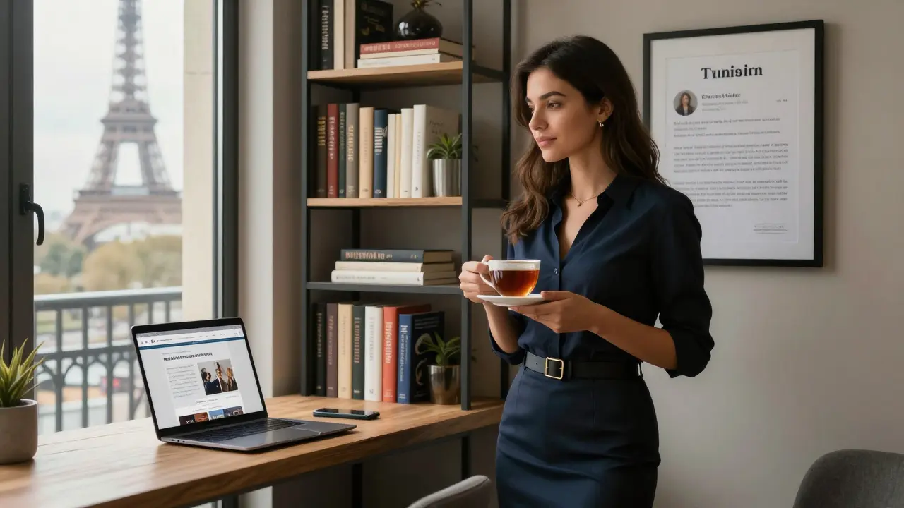 Independent escort in her Paris apartment with Eiffel Tower view and professional details.