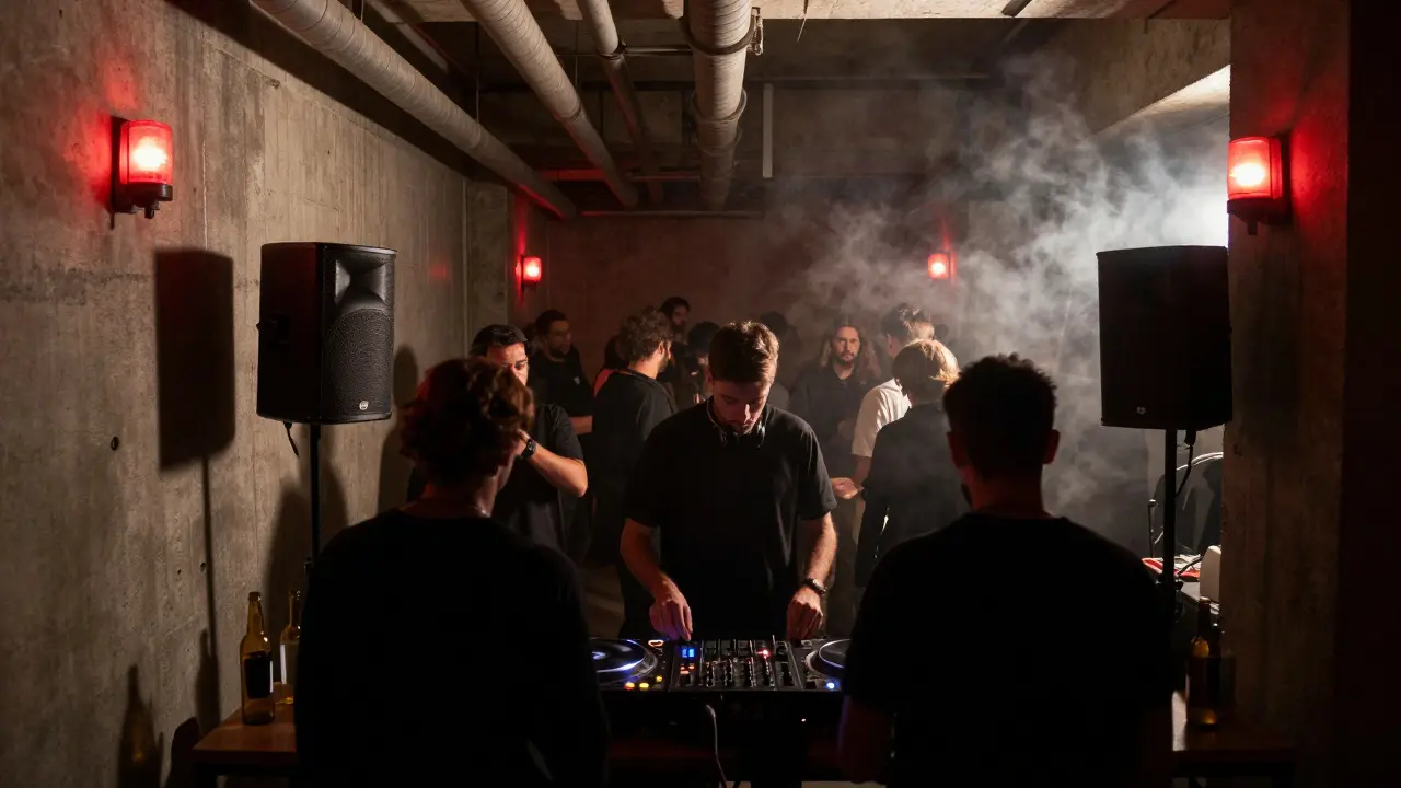 Industrial underground techno club with dim lighting and intense crowd moving to vinyl beats.