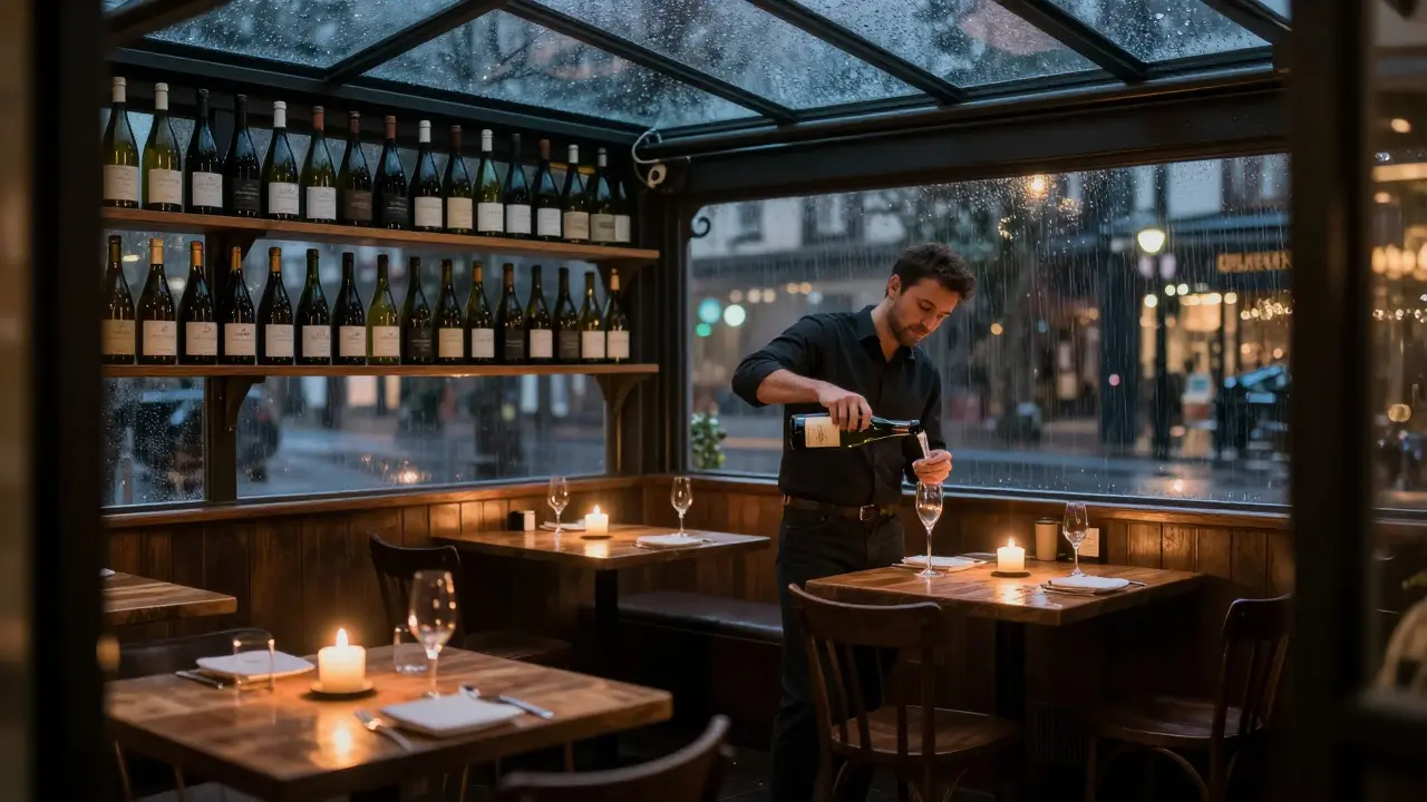 Intimate champagne bar with candlelight and a sommelier pouring rare champagne.