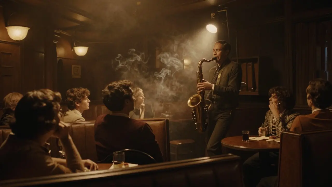 Intimate jazz club with a saxophonist playing under a spotlight, smoke and warm lighting filling the room.