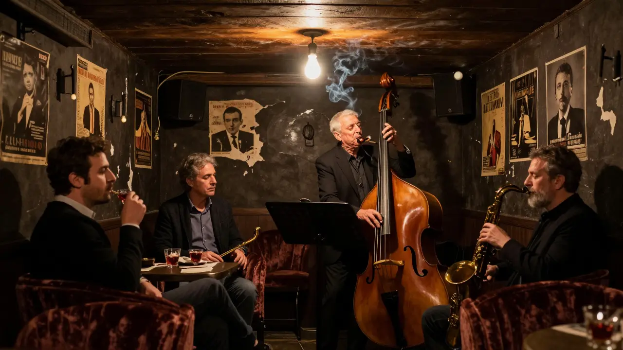 Jazz musician playing ney flute in a small, smoky cellar under Galata Tower.