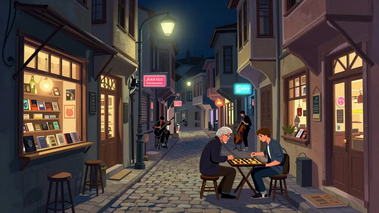 Kadıköy&#039;s street scene at night with locals playing backgammon under soft lights and indie bars nearby.