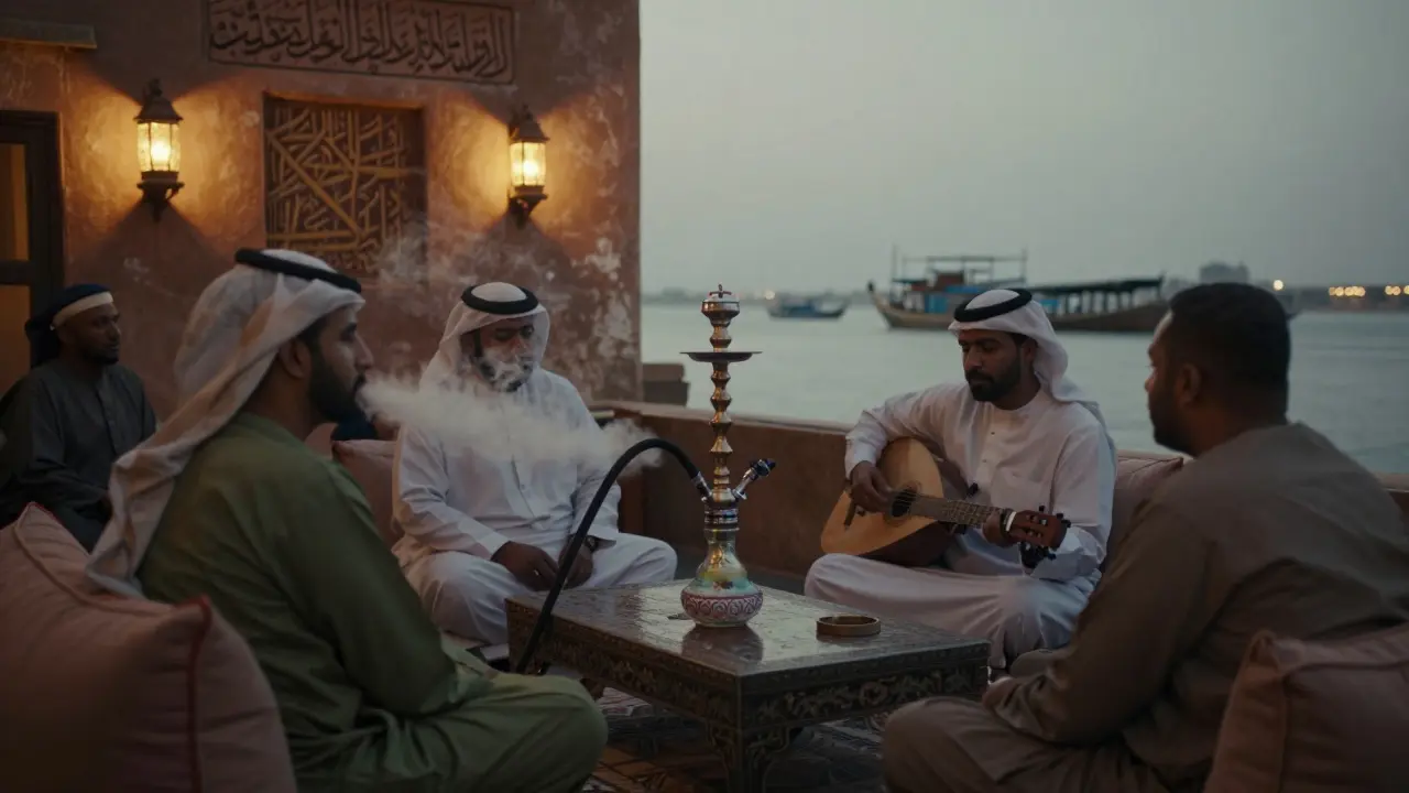 Locals relaxing with hookah pipes in a warm, lantern-lit lounge with traditional decor and smoke drifting softly.