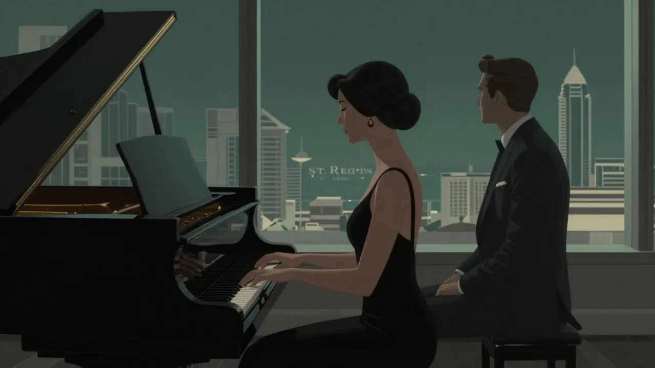 Man and woman in a dimly lit piano lounge, one near a grand piano, city lights visible through the window.