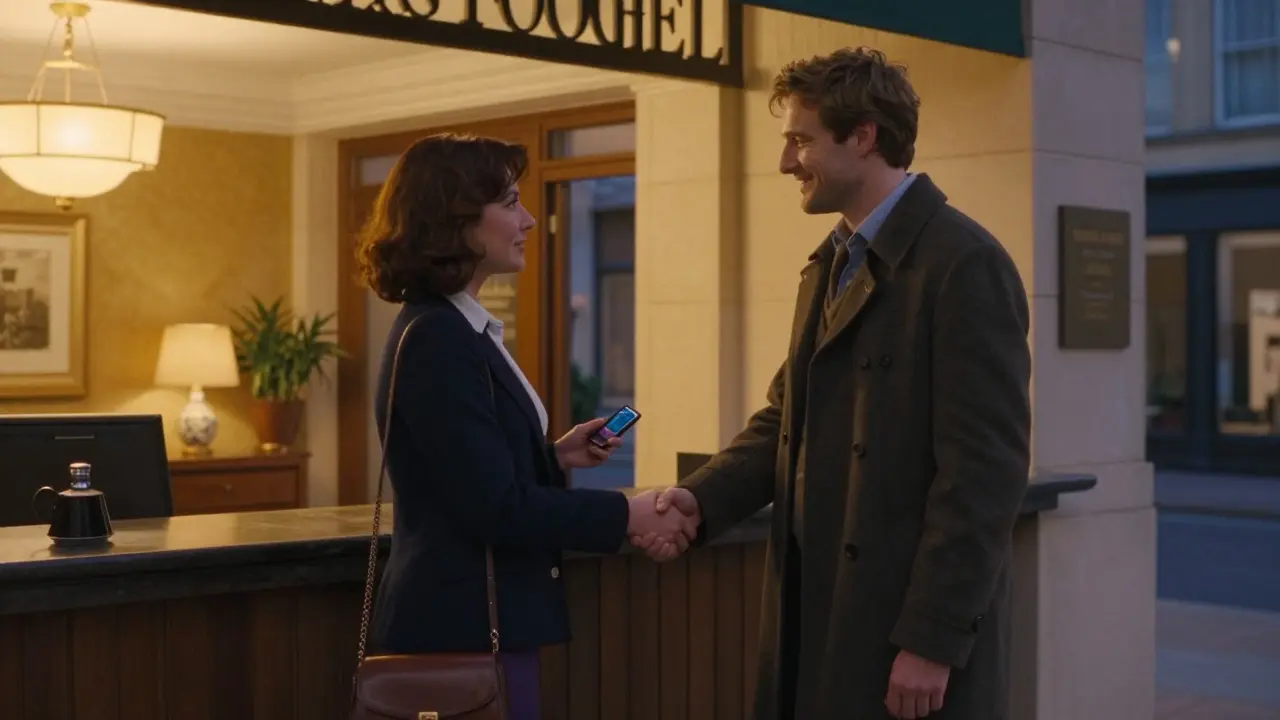 Man and woman shaking hands politely in a hotel lobby at dusk.