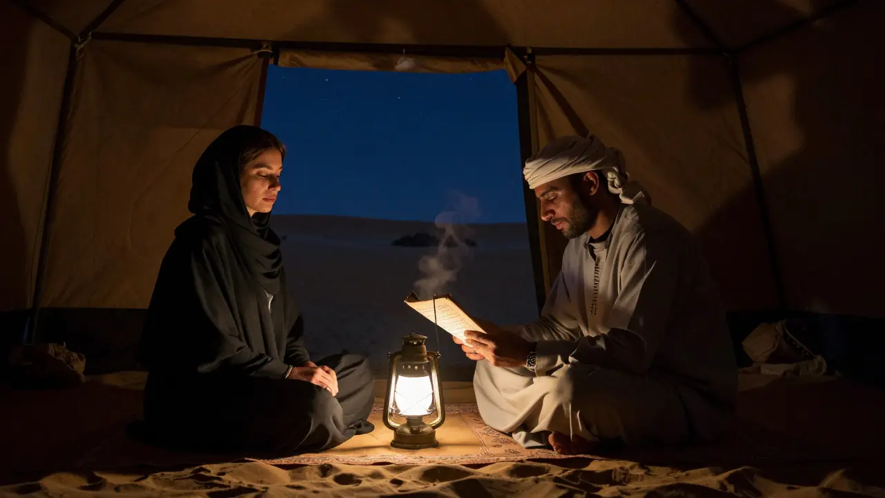 Man reading aloud in a Bedouin tent under desert stars, woman listening in silence with a single lantern glowing.