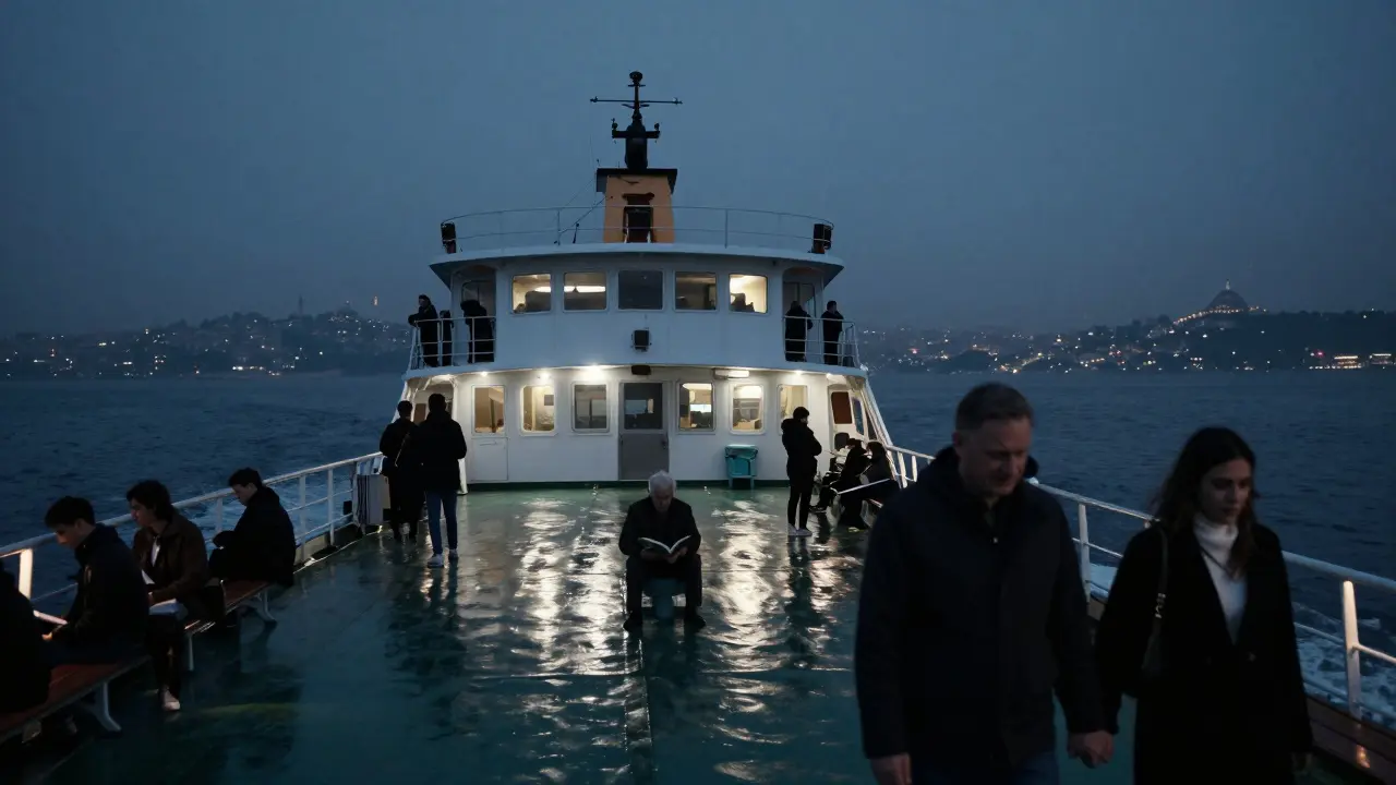 Midnight ferry crossing the Bosphorus with silhouetted passengers and city lights on water.