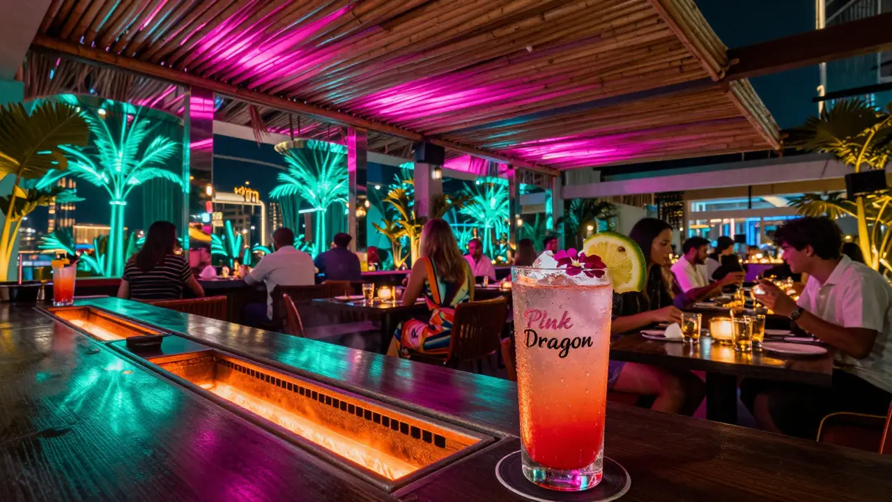 Neon-lit bar at Zuma with colorful cocktails reflected in mirrored surfaces under glowing bamboo ceilings.