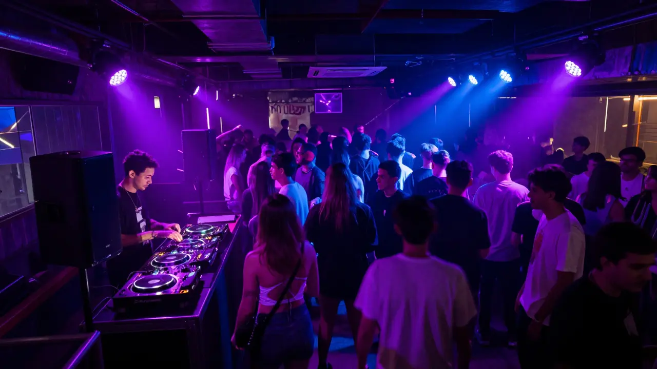 Nightclub with neon lights and dancing crowd, strict dress code enforced.