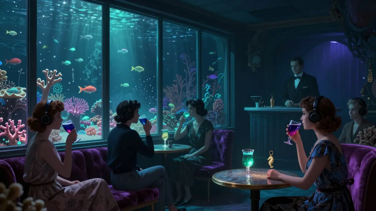 Patrons in an underwater cinema watching silent films as colorful fish swim past glass walls.