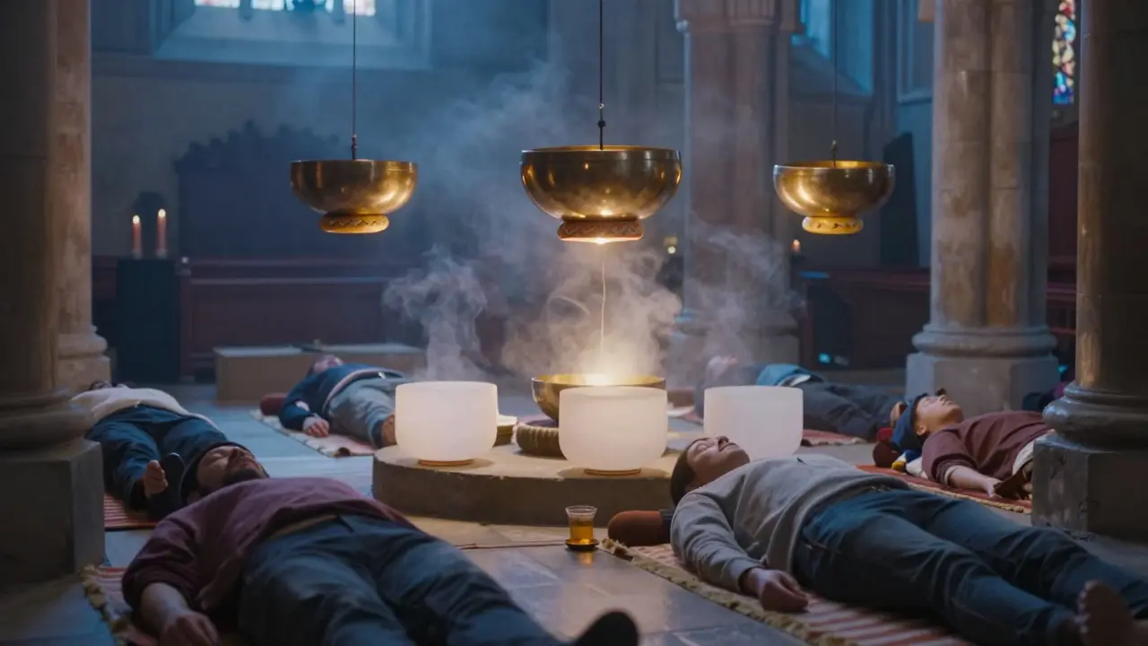People lying peacefully in a stone crypt as glowing singing bowls emit soft light and sound waves.