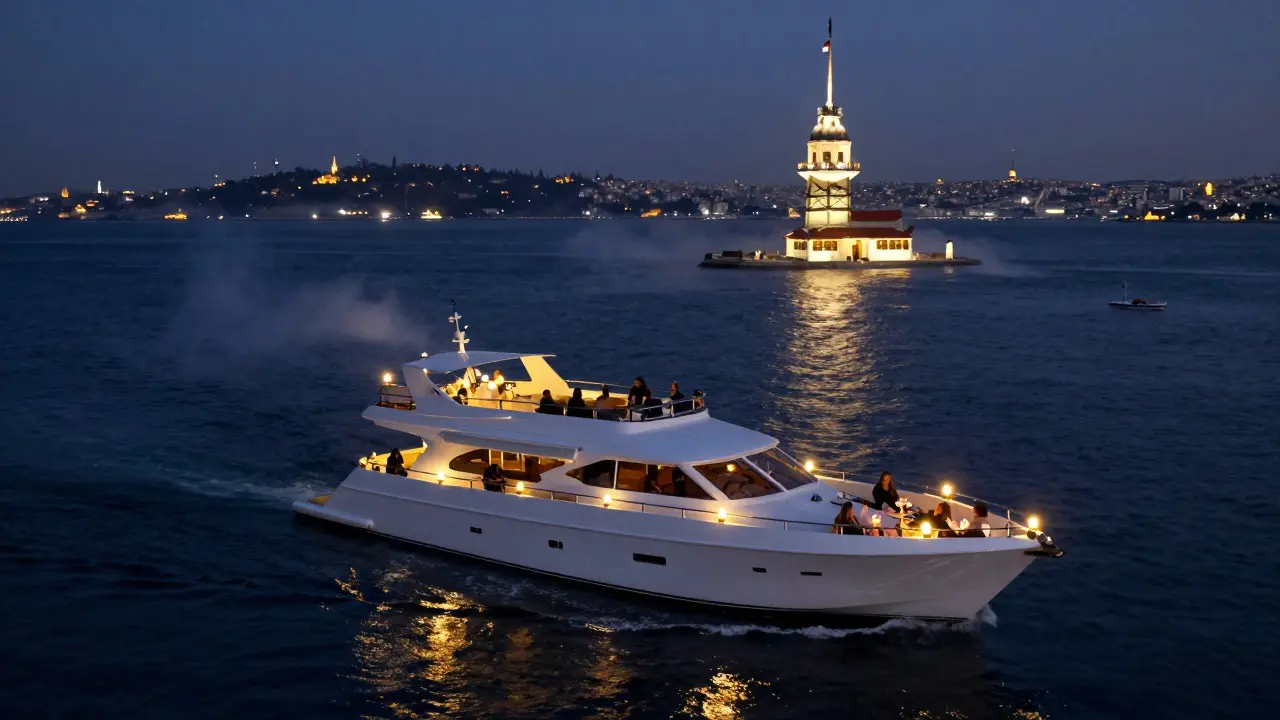 Private yacht cruising the Bosphorus at midnight with lanterns and illuminated landmarks in the background.