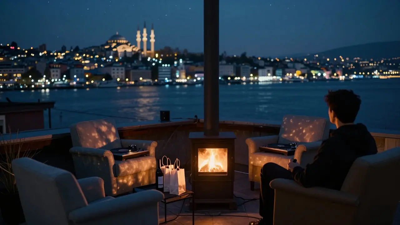 Quiet rooftop with mismatched chairs and a wood stove overlooking the Golden Horn at night.
