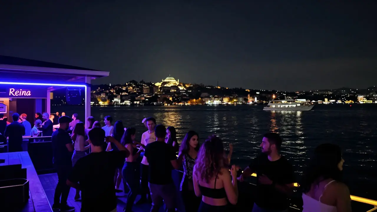 Reina nightclub on the Bosphorus with neon lights reflecting on water and dancers silhouetted against the night.