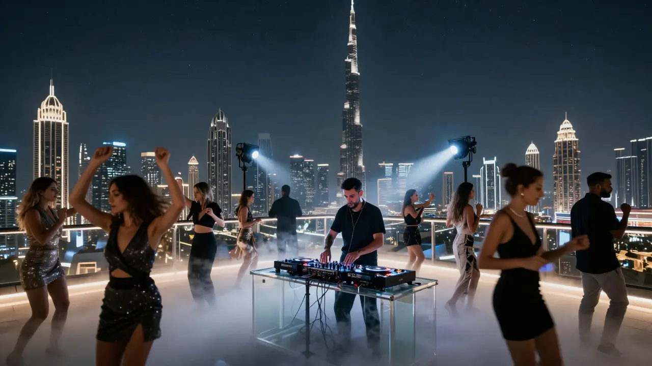 Rooftop club in Dubai with skyline views and stylish crowd dancing under stars.