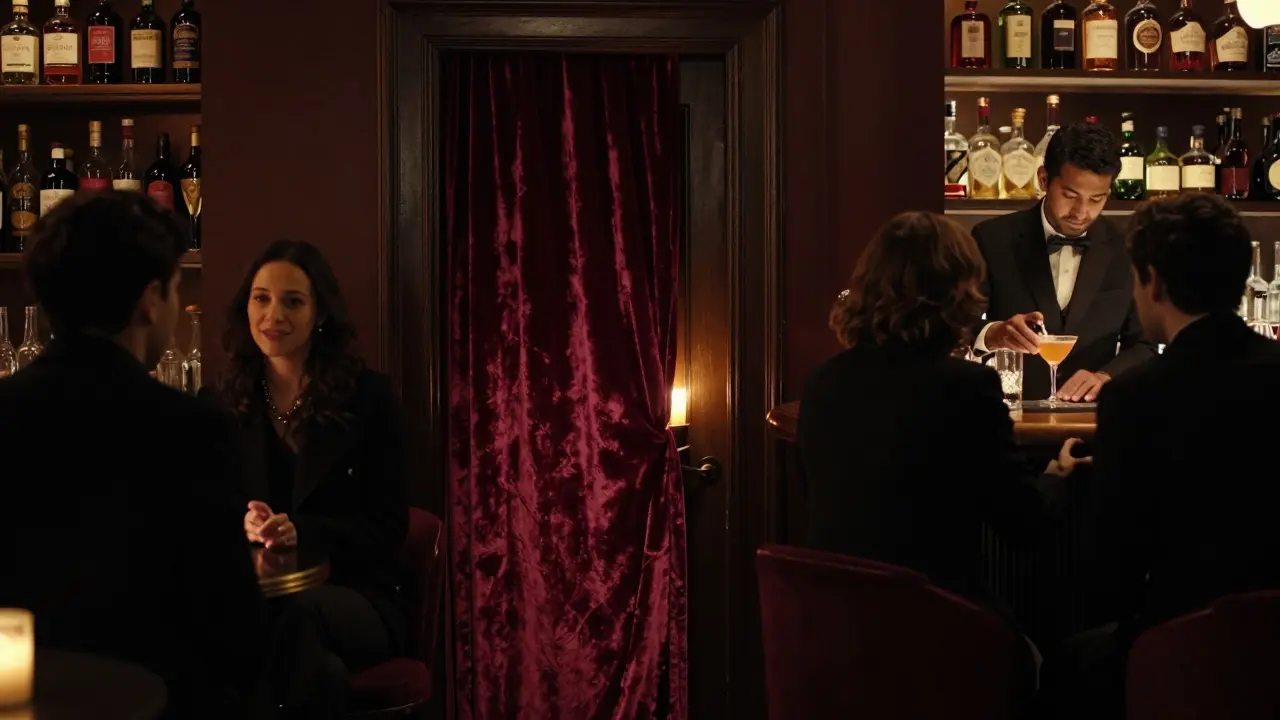 Secret speakeasy interior with candlelight, bartender mixing drinks, patrons in black coats.
