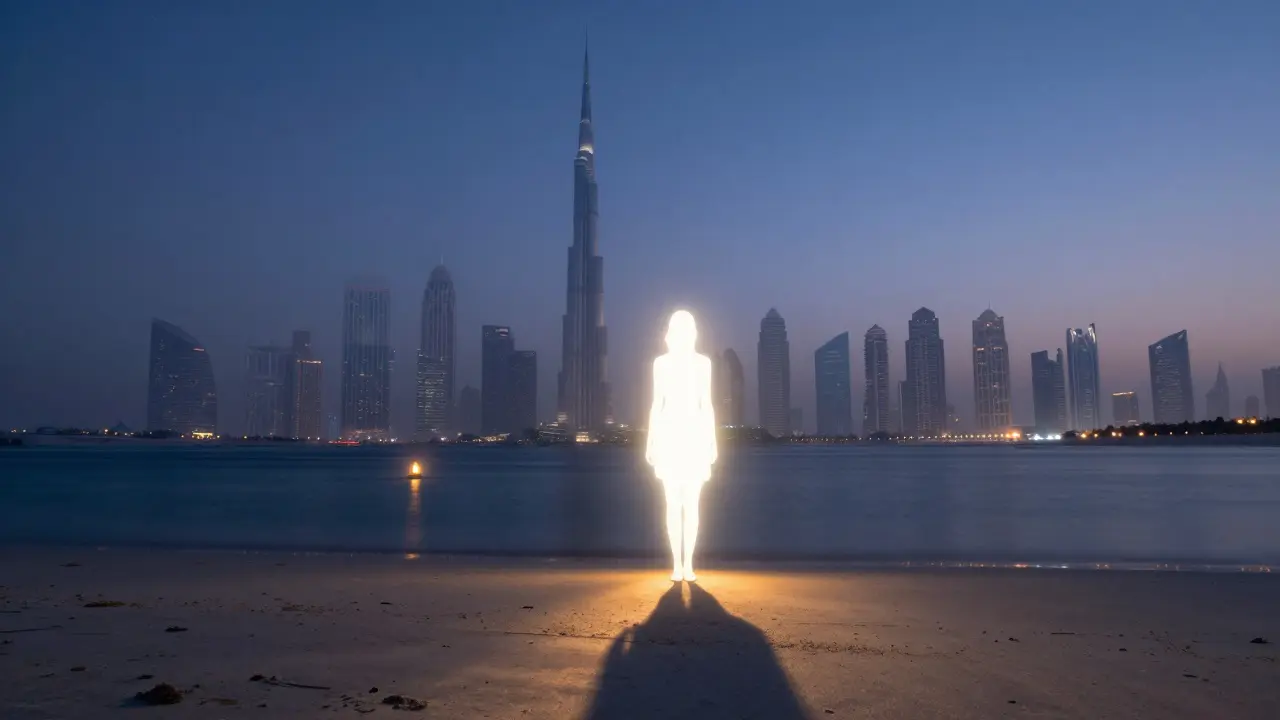 Silhouette of a woman on a beach at twilight with faint glowing landmarks behind her and a lantern floating on the water.