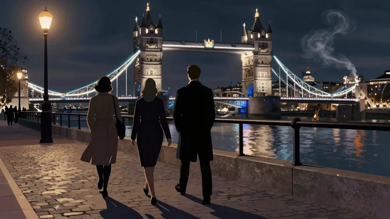 Silhouettes of two people walking along the Thames at night, Tower Bridge glowing in the distance.