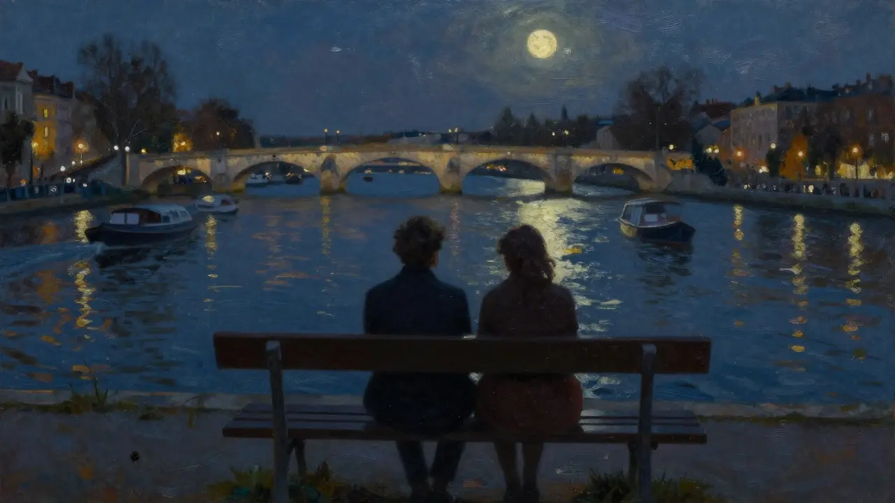 Two figures sitting quietly on a Seine riverbank at night, moonlight on water.