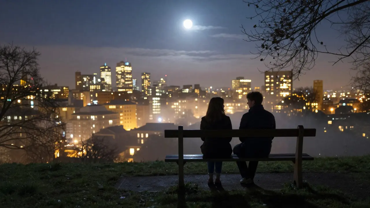 Two figures sitting silently on Primrose Hill overlooking lit-up London at midnight.