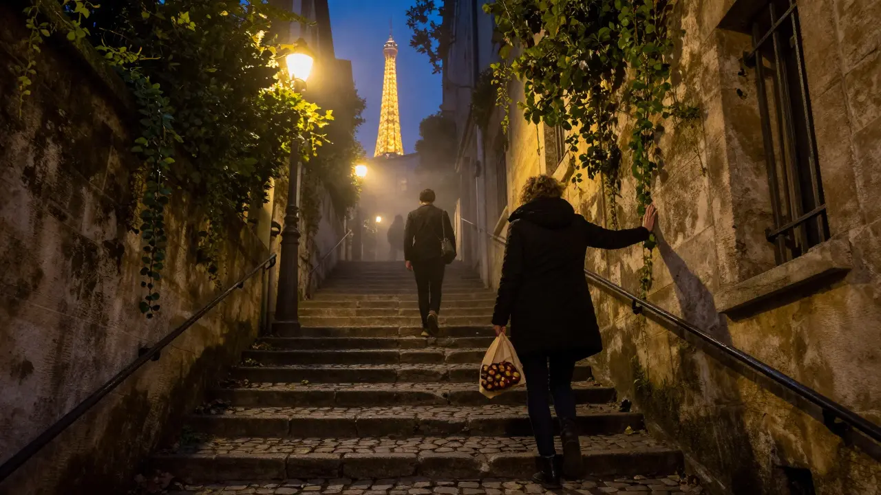 Two figures walk up a moss-covered staircase in Montmartre, the Eiffel Tower glowing faintly in the distance.