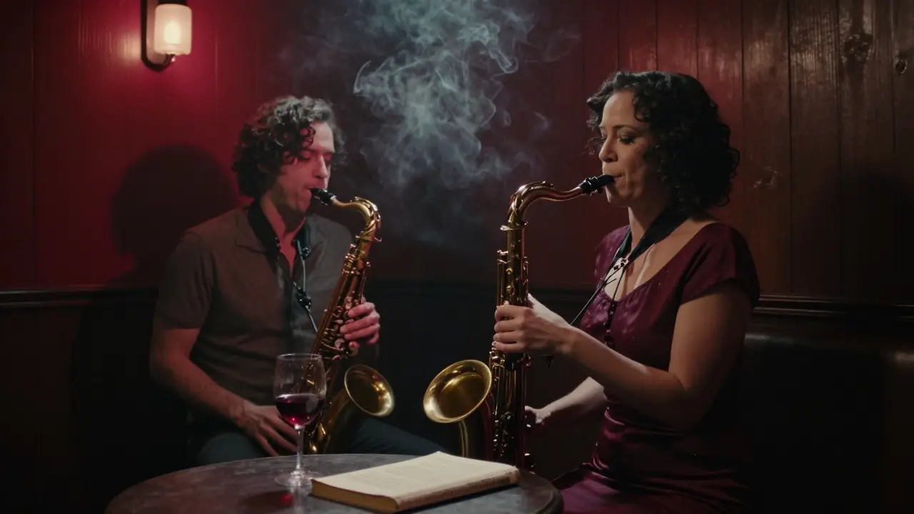 Two people enjoy a quiet jazz night in a dimly lit Soho club, saxophone in the background.