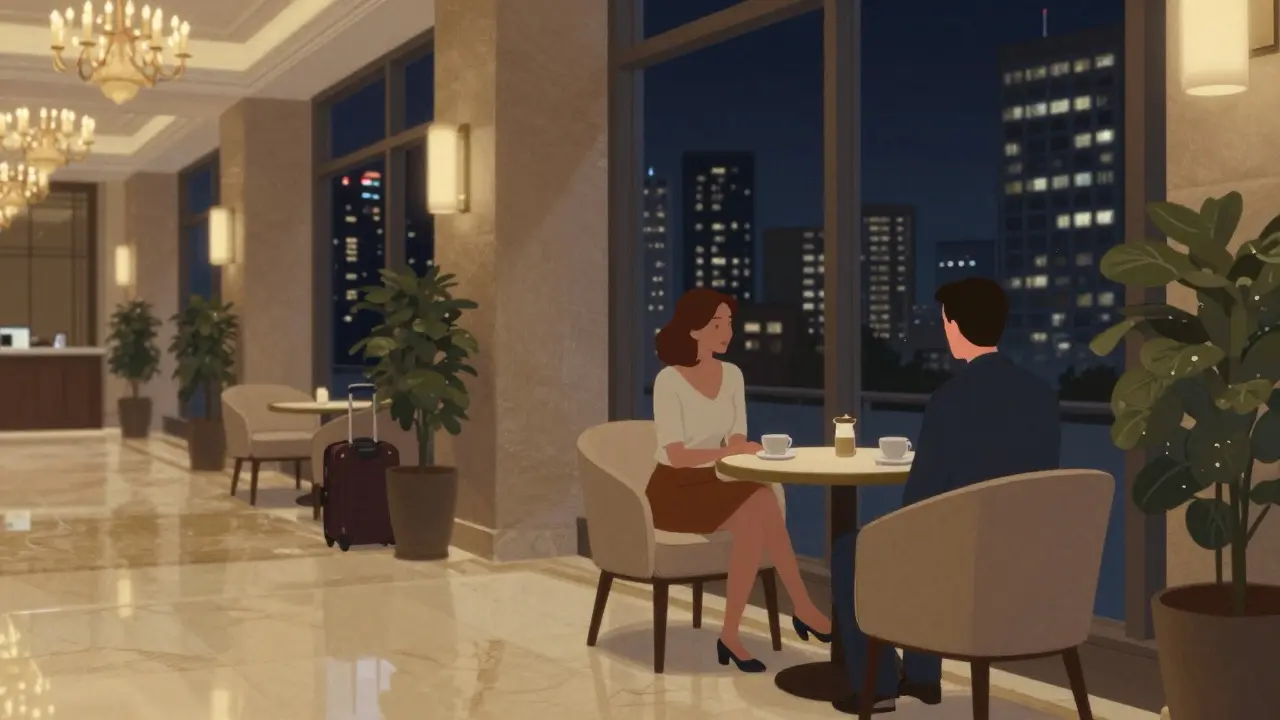 Two people seated quietly in a luxurious hotel lobby, sharing a moment of calm amid soft lighting and city views.