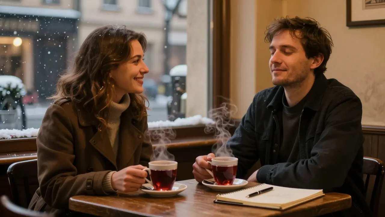 Two people share glühwein in a cozy Berlin café during winter, sharing a moment of calm connection.