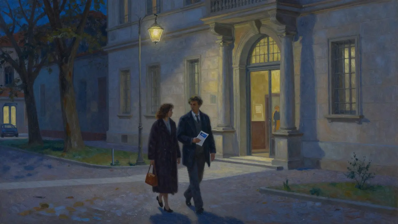 Two people walking peacefully through the historic Brera district at night.