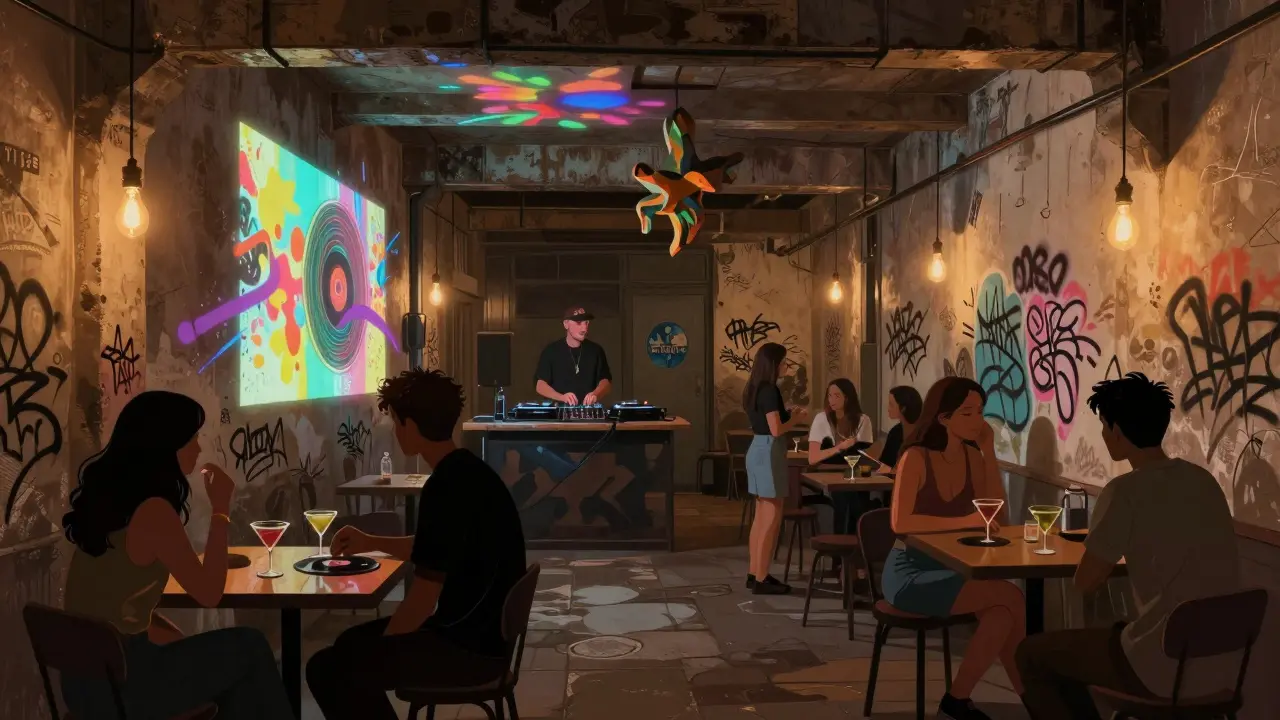 Underground party in Alserkal Avenue with vinyl DJ, art installations, and casual guests in a warehouse setting lit by warm bulbs.