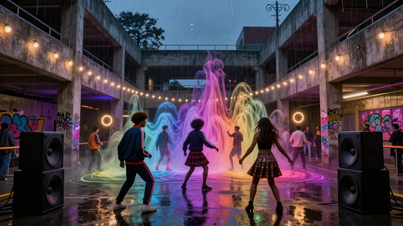 Vibrant party in a concrete carpark with dancers, colorful sound waves, and rain glowing under string lights.