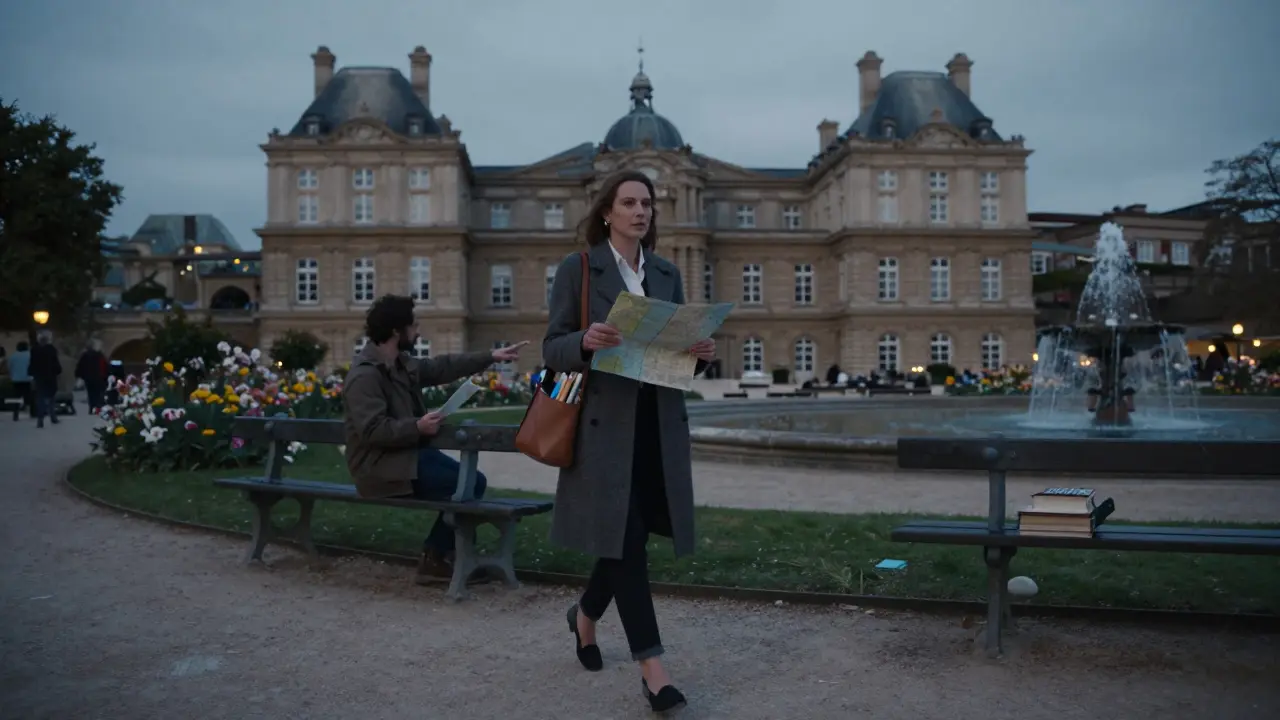 Woman guiding a man through Luxembourg Gardens at dusk, holding a map.