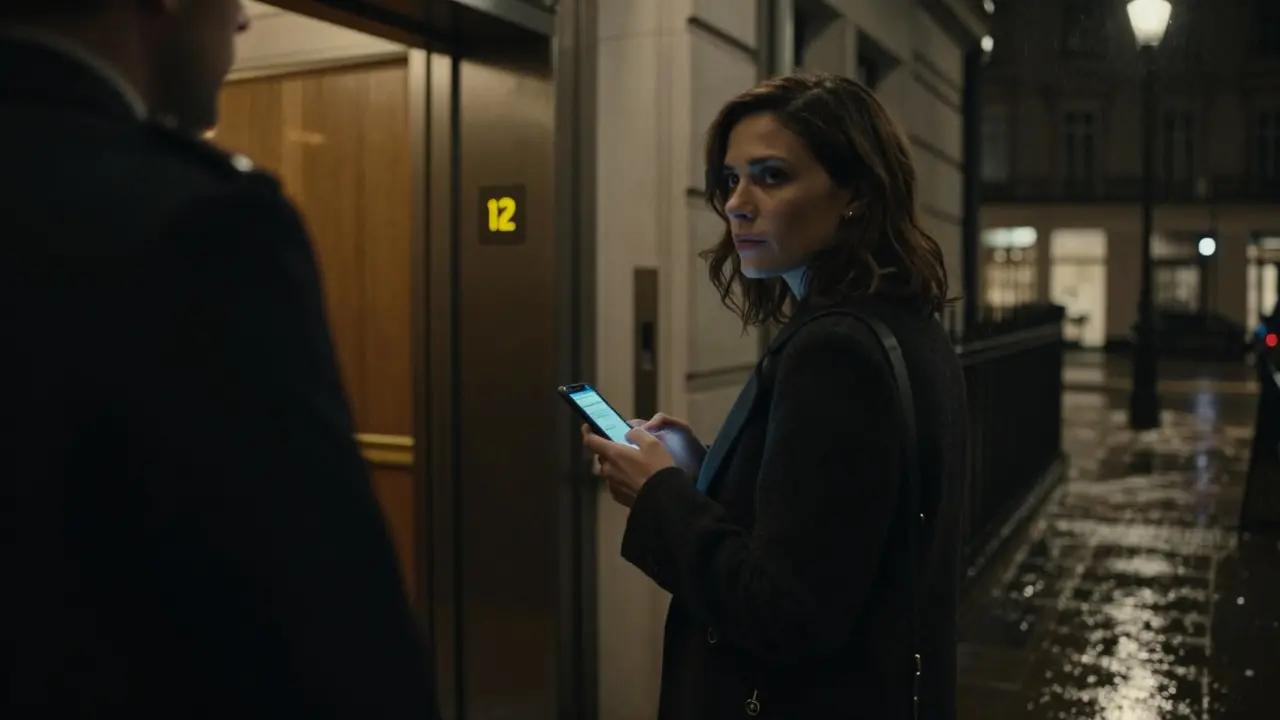 Woman hesitating outside a luxury apartment building at night, glancing back with cautious awareness.