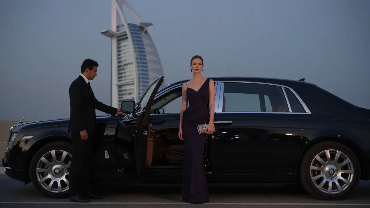 Woman in evening gown being greeted by chauffeur outside Burj Al Arab at twilight.