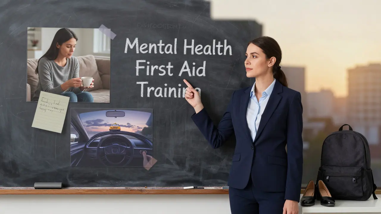 Woman in professional attire standing before a mental health training board, surrounded by subtle memories.