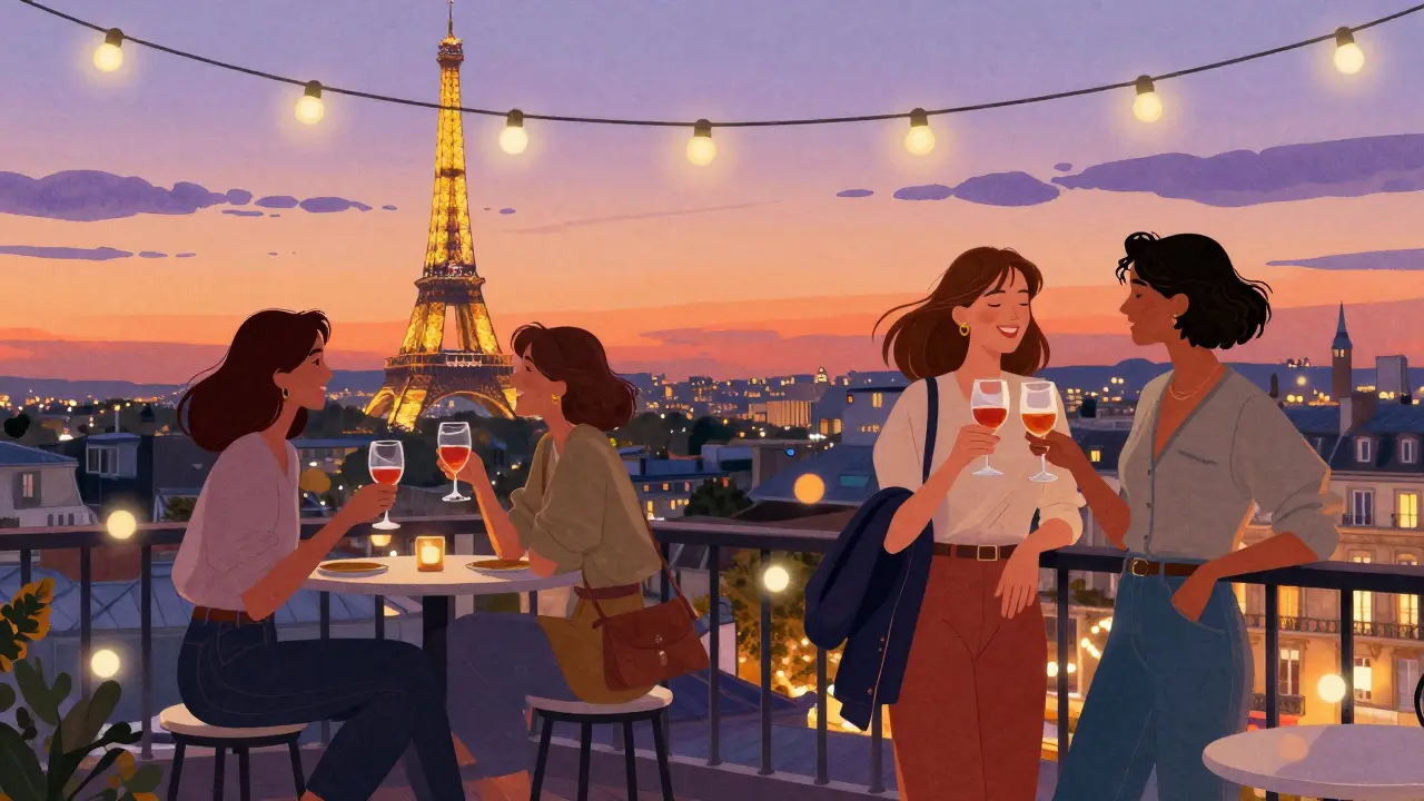 Women enjoying cocktails on a Paris rooftop at sunset with the Eiffel Tower glowing in the distance.