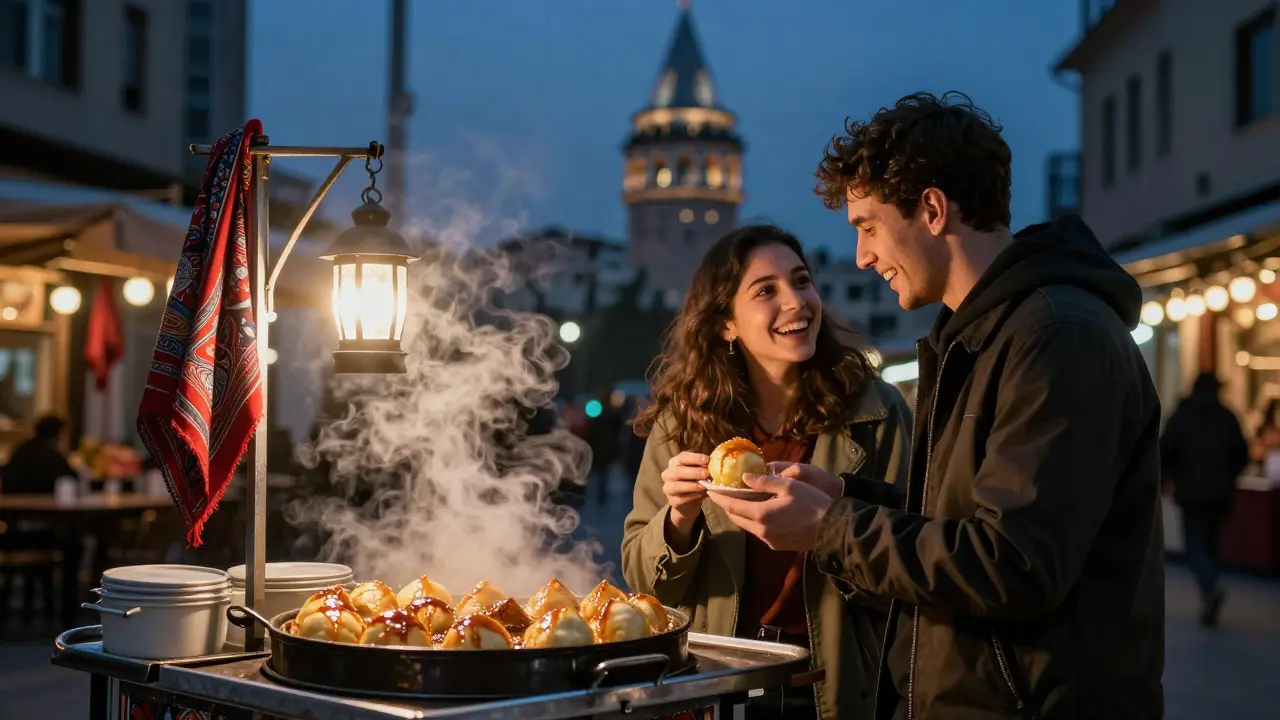 A couple sharing sweet lokma from a midnight street cart near Galata Tower under warm lantern light.