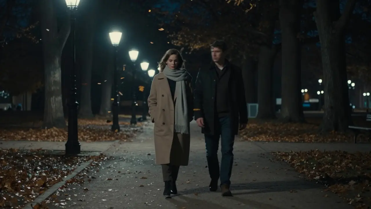 A couple walking peacefully through Tiergarten Park at night, shadows and leaves suggesting discretion and intimacy.