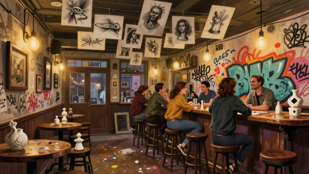 A cozy back room with drawings on the ceiling, ceramic sculptures on bar stools, and vibrant graffiti walls.