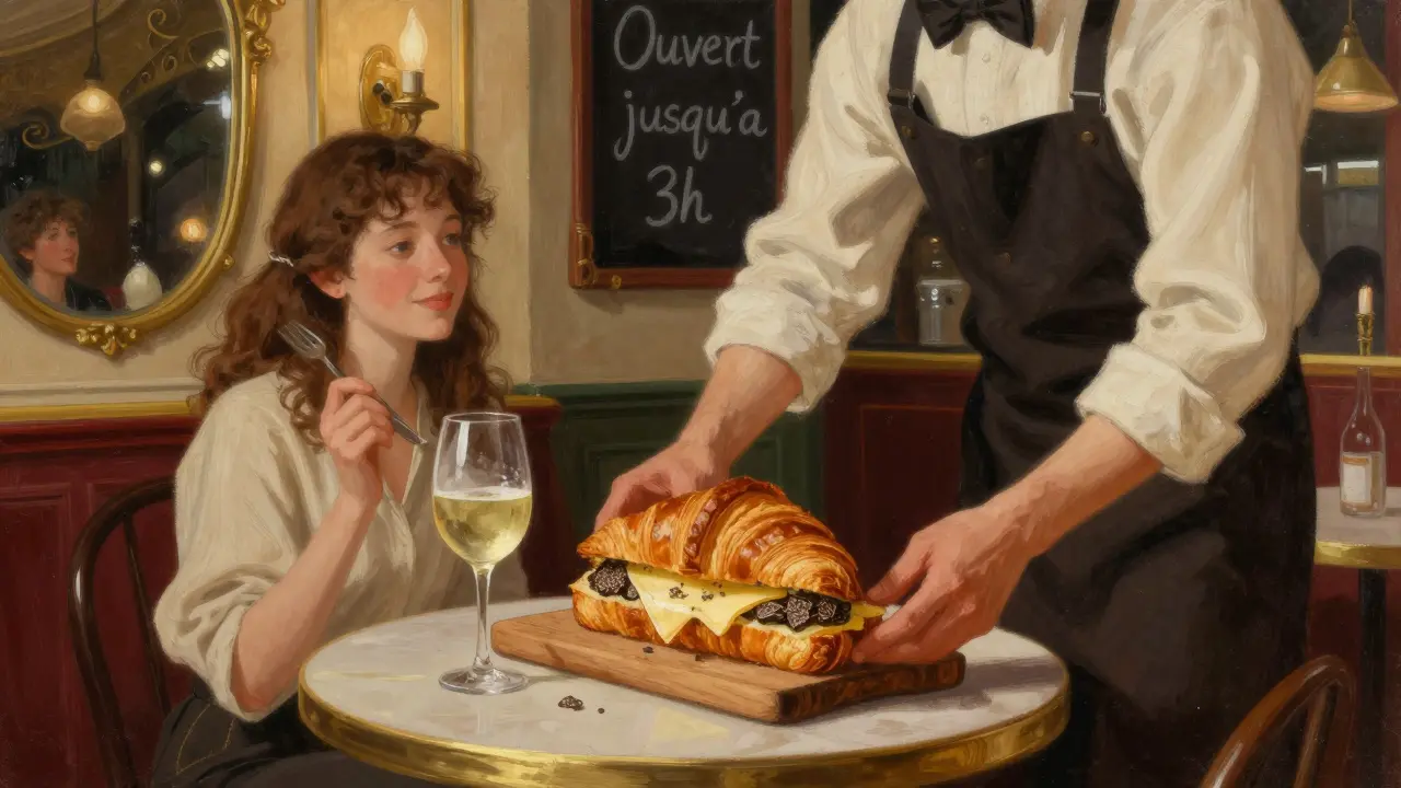 A croque-monsieur with truffle cream and Gruyère served in a cozy Parisian bistro at midnight.